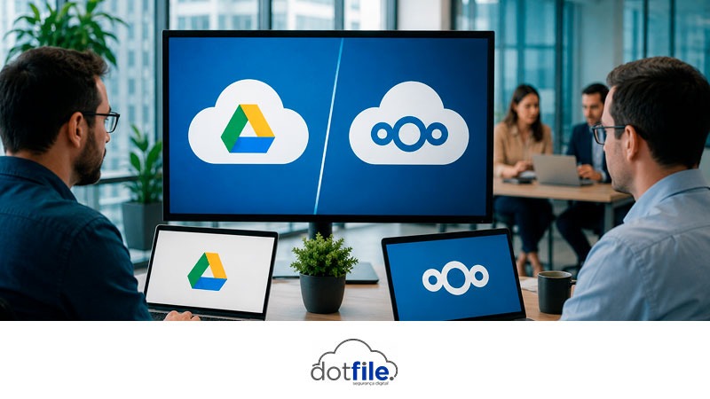 Ambiente corporativo moderno com profissionais utilizando plataforma segura de armazenamento em nuvem, ilustrando a comparação entre Google Drive e Nextcloud para gestão empresarial de arquivos e colaboração.
