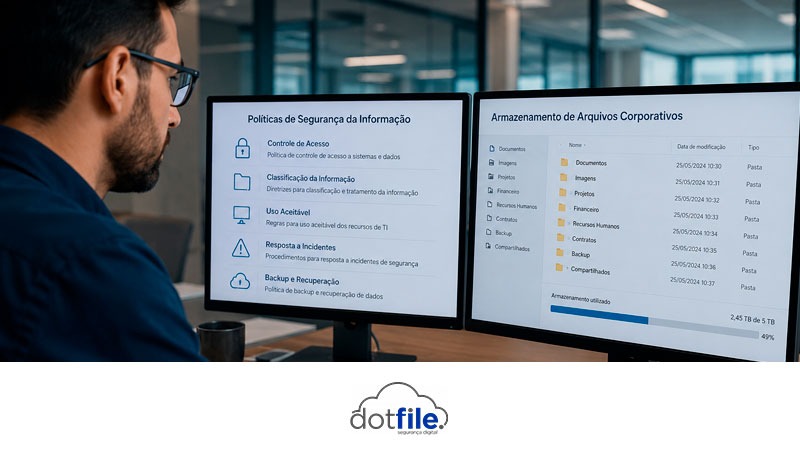 Gestor de TI analisando políticas de segurança e armazenamento de arquivos corporativos, destacando os desafios de proteção, controle de acesso e conformidade para empresas que lidam com dados sensíveis.