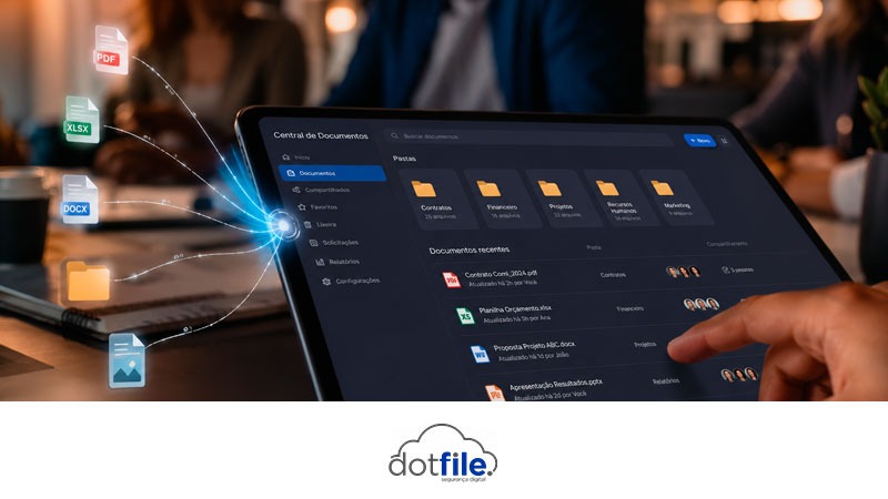 Equipe acessando documentos corporativos centralizados e organizados em um ambiente Nextcloud implantado pela Dotfile.