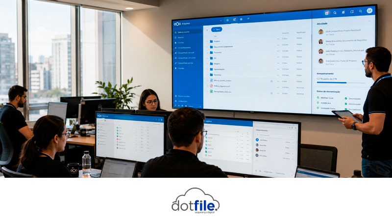 Equipe corporativa utilizando Nextcloud para organizar arquivos, controlar acessos e colaborar com mais segurança na operação da empresa.